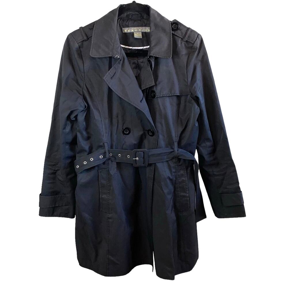 Kenneth Cole Reaction Black Trench‎ Coat Medium Belted Double Breasted